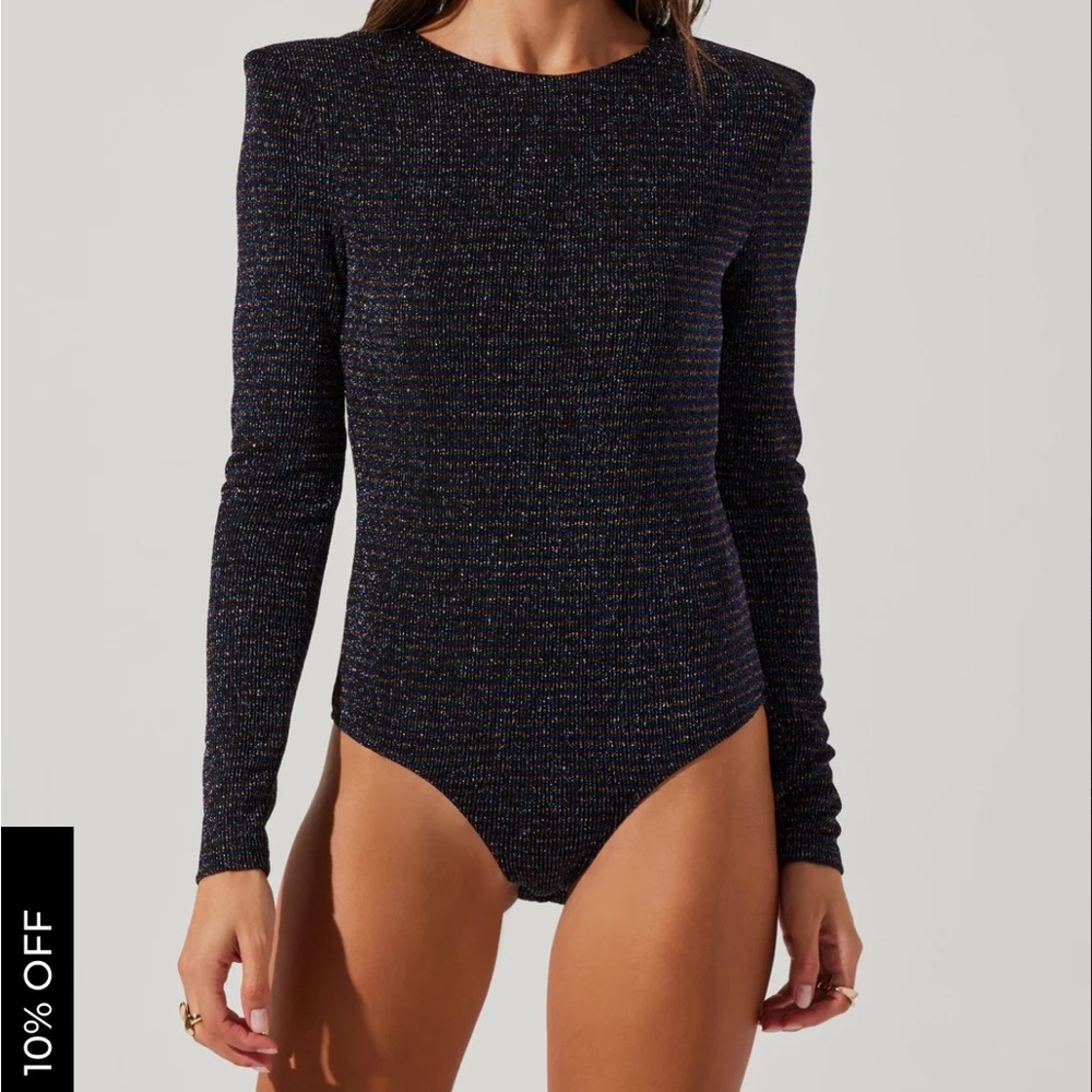 Long Sleeve Metallic Padded Shoulder Bodysuit - Astr the Label